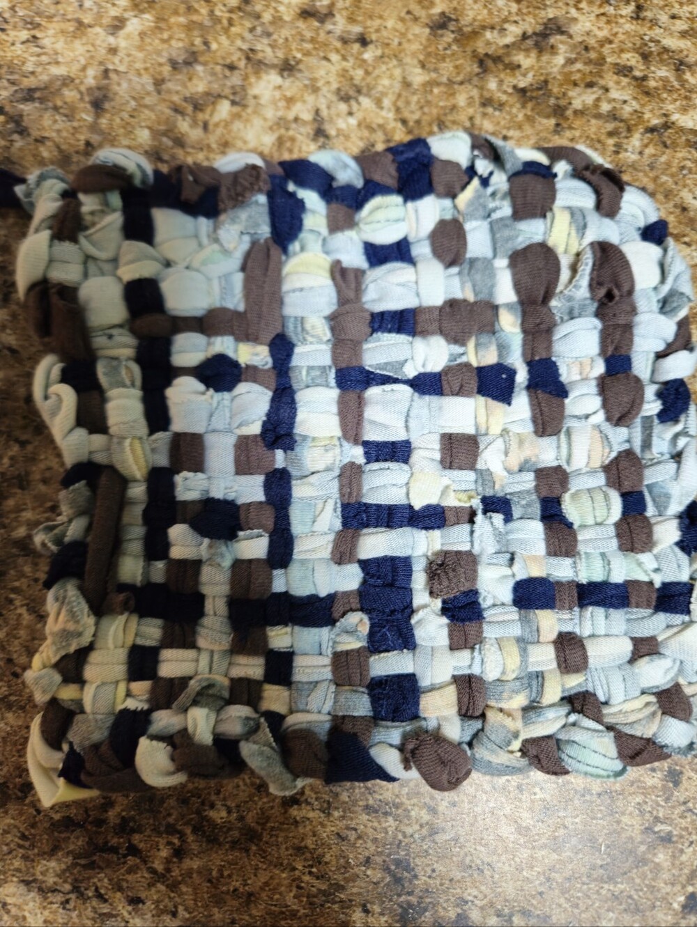 Upcycled Handwoven Cream Cotton Trivet/potholder with Blue and Brown Accents